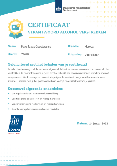 Certificaat Horeca KSMG